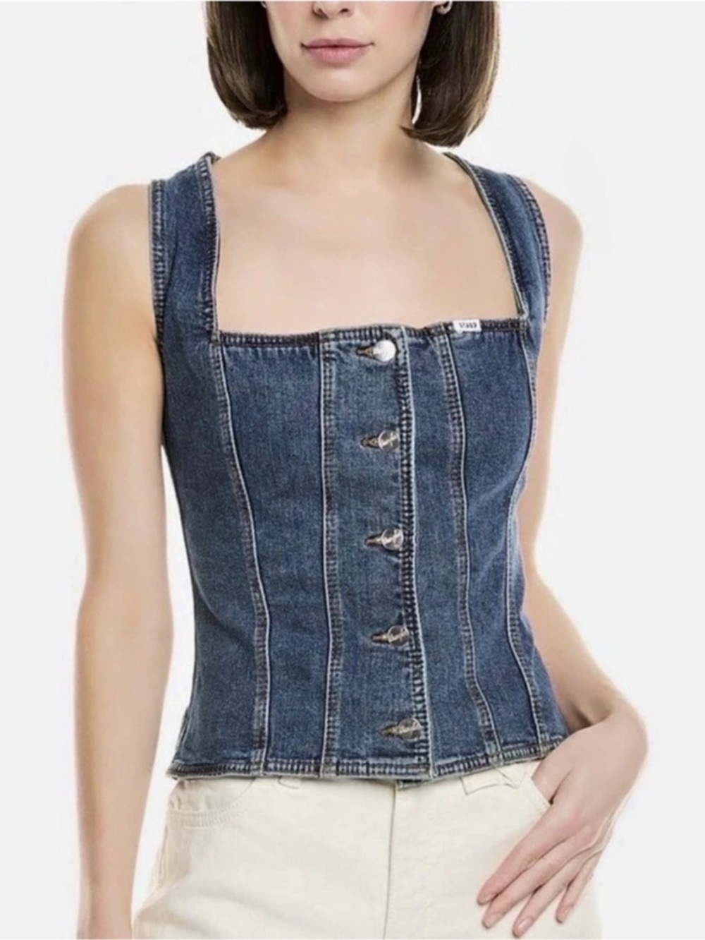 Wrangler + STAUD Women's Pleated Denim Corset Top in Blue - Picture 3 of 8